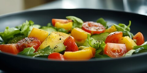 Delicious Fresh Vegetable Salad in Black Bowl