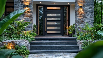 Modern House Entrance with Lush Greenery