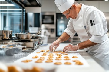 An expert chef focused on arranging freshly baked cookies on a platter, highlighting dedication to quality and presentation in a thriving culinary environment.