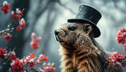 Groundhog in top hat among blossoms with copy space