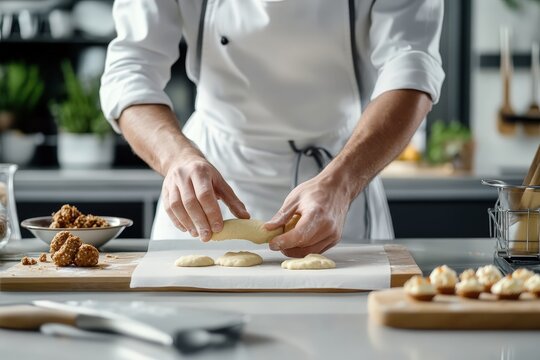 A culinary scene depicting a chef meticulously shaping dough, emphasizing creativity and passion for food, reflecting the art of cooking in a modern kitchen environment.