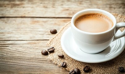 Coffee cup with beans on burlap on rustic wood table, ready to enjoy