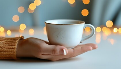 Obraz premium Elegant mug mockup in hand with warm bokeh lights and copy space
