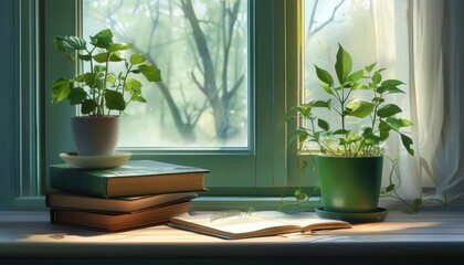 Eco diary with indoor plants and copy space for text