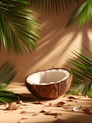 Obraz premium Biodegradable Coconut Shell Podium with Scattered Palm Leaves for Green Product Advertising