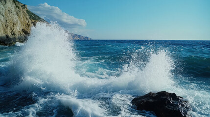 Fototapeta premium Waves crashing against rocky shore under a vibrant blue sky, showcasing nature's power.