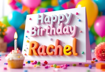 Happy Birthday Rachel Card 3d Design Colorful Balloons