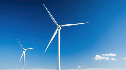 Fototapeta premium Wind turbines generating renewable energy against a clear blue sky.