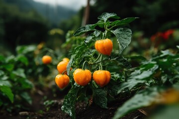 A vibrant cluster of yellow bell peppers glistening with water droplets, set against a lush green garden backdrop, showcasing the beauty of fresh produce and nature.