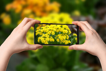Plant identifier application. Woman taking photo of flowers outdoors, closeup