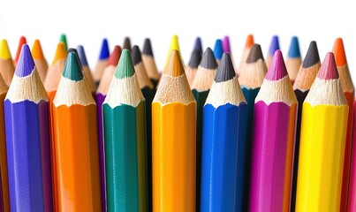 Fototapeta premium Colorful pencils lined up against white background, ready for drawing or coloring