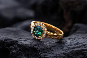 A stunning close-up of a green gemstone ring resting on a textured rocky surface, showcasing the intricate design and vibrant colors of the jewelry.