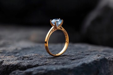 An elegant blue gemstone ring delicately placed on a rugged rock surface, beautifully highlighting the craftsmanship and the contrast of textures in the image.
