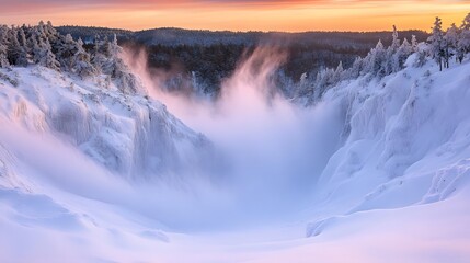 Fototapeta premium Enchanted Winter Waterfall Landscape, Frozen Cliffs and Misty Sunrise