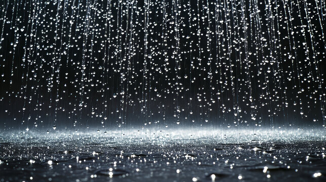 Rain, falling water drops on transparent and black background. Shower droplets, storm or downpour abstract wet texture, pure aqua pattern, fall season rainy weather, Realistic 3d vector illustration