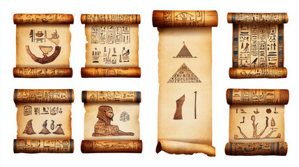 Ancient Egypt papyrus scroll cartoon vector set, blank and with hieroglyphs and Egyptian culture religious symbols, ancient sphinx and pharaoh pyramid, isolated rolled up manuscript with wooden rod