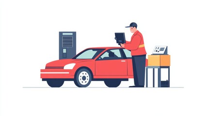 A car assembly line worker monitoring machinery, isolated on a seamless white background,