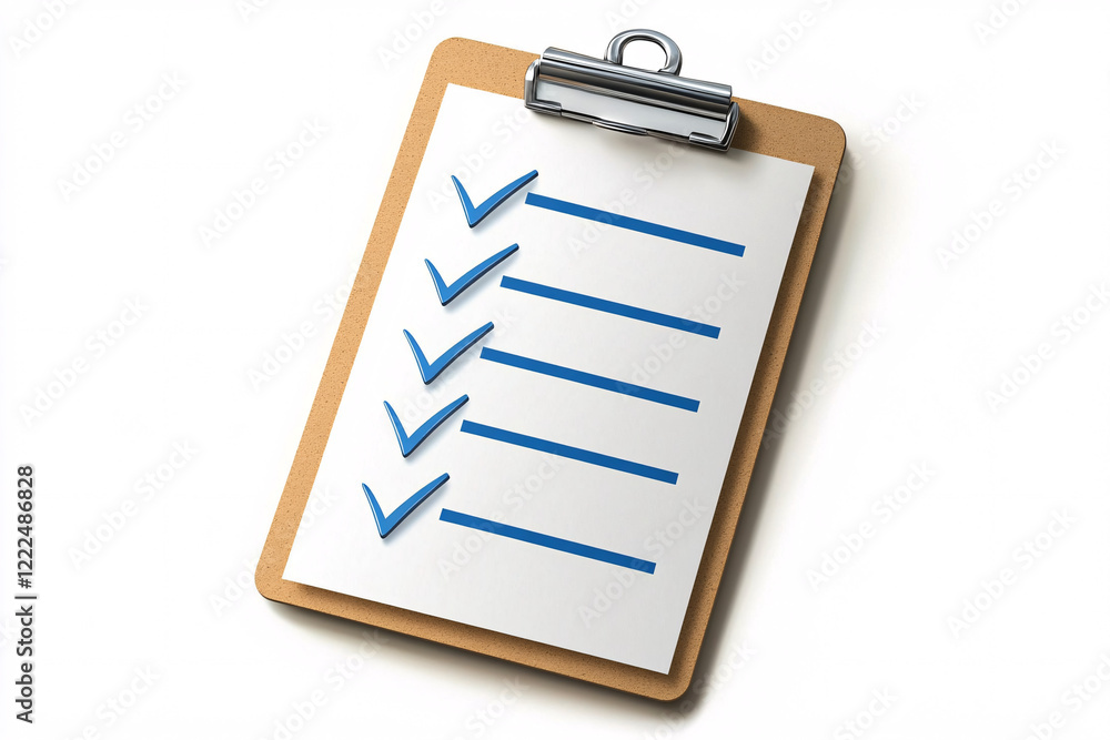 Poster 3d rendered wooden clipboard with a checklist featuring blue checkmarks symbolizing efficiency organ