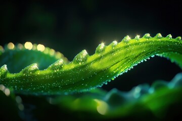Close up view revealing intricate cellular structures of a vibrant green plant leaf
