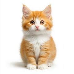 Adorable fluffy orange kitten with bright eyes on white background