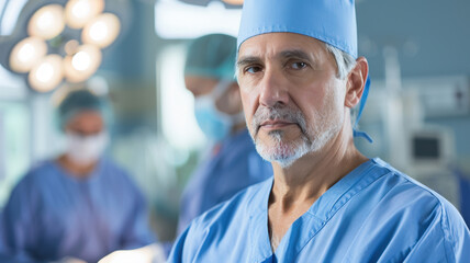 close up of thoughtful surgeon in blue scrubs and cap, standing in brightly lit operating room with medical staff working in background