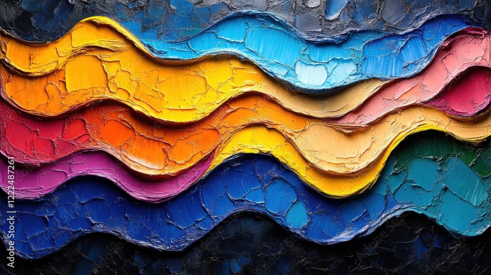 Poster colorful abstract waves of textured paint layered on a dark background, creating a vibrant visual