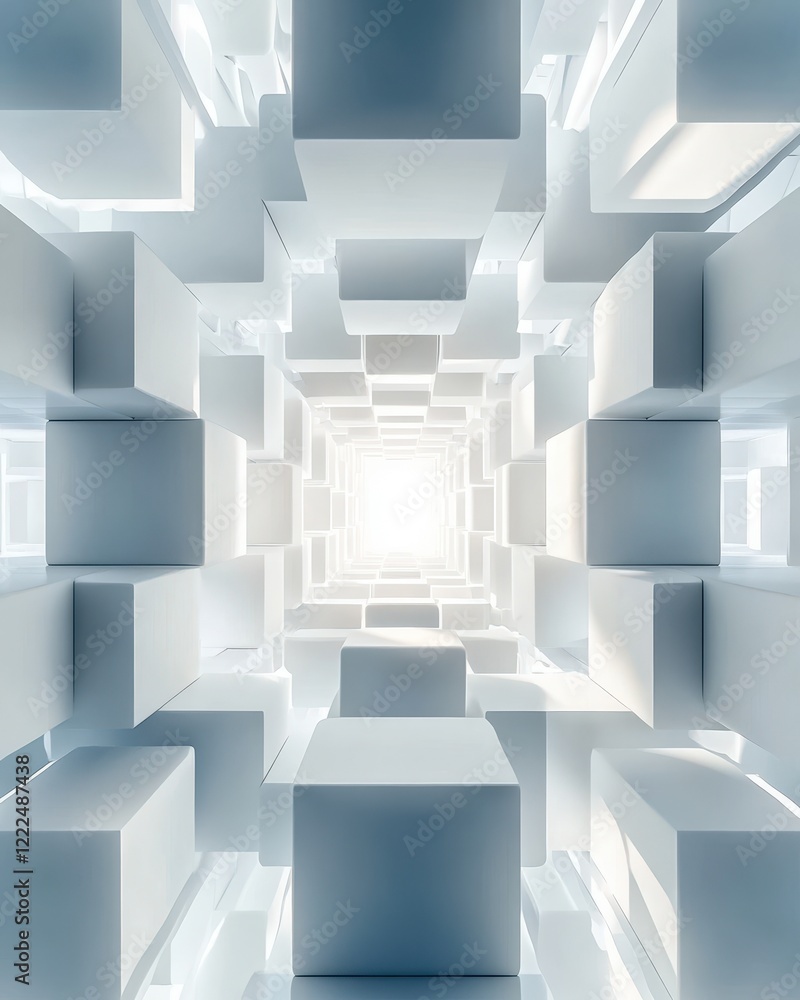 Poster abstract white cubes tunnel with bright light at end - 3d rendering.