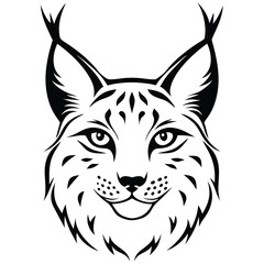 Lynx head black and white detailed illustration with piercing eyes, perfect for wildlife, animal designs, and nature-themed art