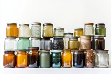 172. Multi-tiered view on a collection of glass jars, studio lighting, isolated on a white background --ar 3:2 --v 6.1 Job ID: 71b99bf8-5b9c-4b0f-bc44-f95754a214d3