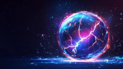 Electric ball and lightning strike, impact place, plasma sphere or magical energy flash of blue and lilac colors isolated on black background. Powerful electrical discharge, Realistic 3d vector set