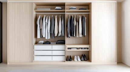 Organized modern wardrobe with clothes, shoes, and accessories.  Home interior design. Lifestyle