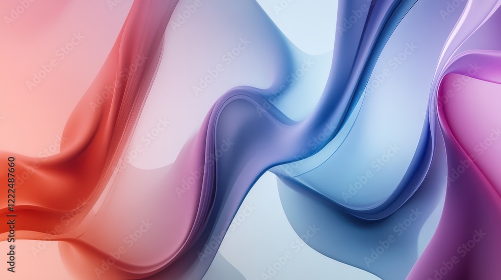 Poster fluid abstract gradient waves a 3d rendered background with red, blue, and purple soft curves.