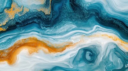 Abstract Fluid Art Swirling Blue and Golden Ink with Shimmering Textures.