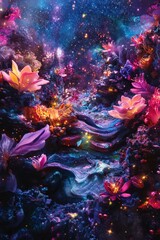 Magical Cosmic Garden with Glowing Flowers and Starry Sky, Abstract Floral Fantasy Scene.