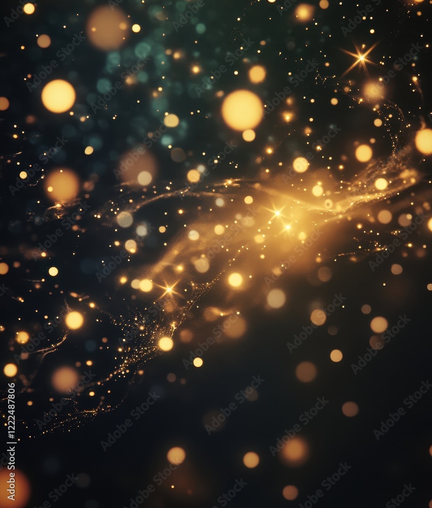 Aufkleber ethereal golden sparkle nebula abstract cosmic background with luminous particles and bokeh.