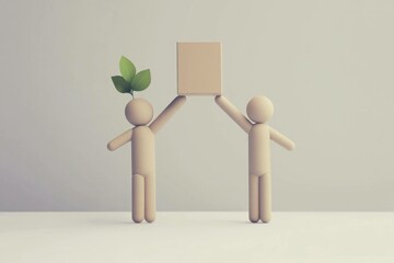Two minimalistic figures with leaves, holding a box symbolizing eco friendly concepts, sustainability, and teamwork in a neutral backdrop for environmental projects