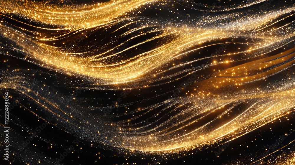 Poster golden waves. abstract gold lines design. shiny moving strips design element with glitter effect on 