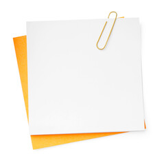 Blank paper notes attached with clip isolated on white, top view