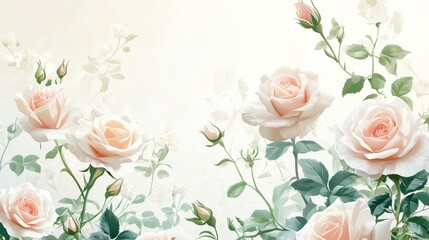 Soft Pastel Roses with Lush Green Leaves on an Elegant Background