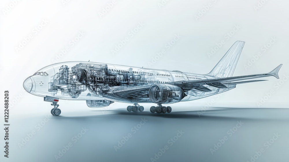 Poster detailed transparent wireframe rendering of a modern wide-body airplane with internal mechanics visi