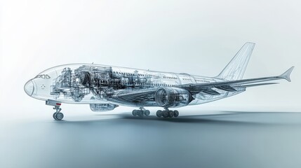 Detailed Transparent Wireframe Rendering of a Modern Wide-Body Airplane with Internal Mechanics Visible.