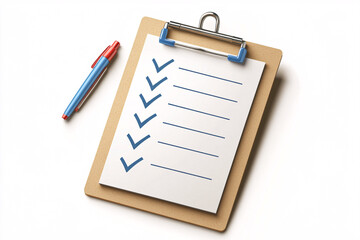 3D rendered wooden clipboard with a checklist featuring blue checkmarks and a red pen symbolizing planning organization and productivity
