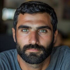 Obraz premium a close-up photograph of a man with dark hair and a full beard.