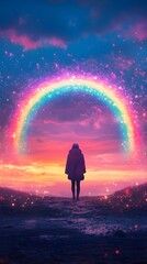 a person standing on a path under a vibrant, glowing rainbow against a colorful sunset sky, surrounded by sparkling lights.