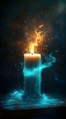 a lit candle surrounded by glowing blue water, set against a dark background. It evokes a mystical or magical feeling.