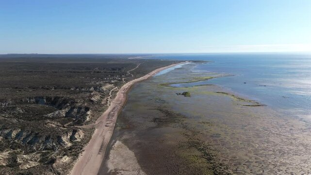 Great aerial shot of the Argentinean sea coast in the area of El ca&ntilde;adon de las Ostras, Las grutas, Rio Negro, Patagonia Argentina.