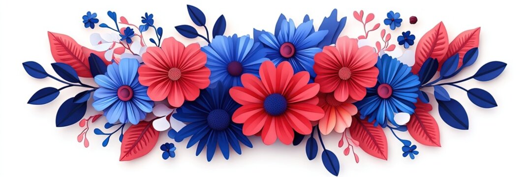 2D animation bouquet of patriotic flowers, solid background red white bluw