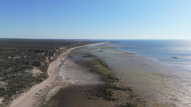 Great aerial shot of the Argentinean sea coast in the area of El ca&ntilde;adon de las Ostras, Las grutas, Rio Negro, Patagonia Argentina.