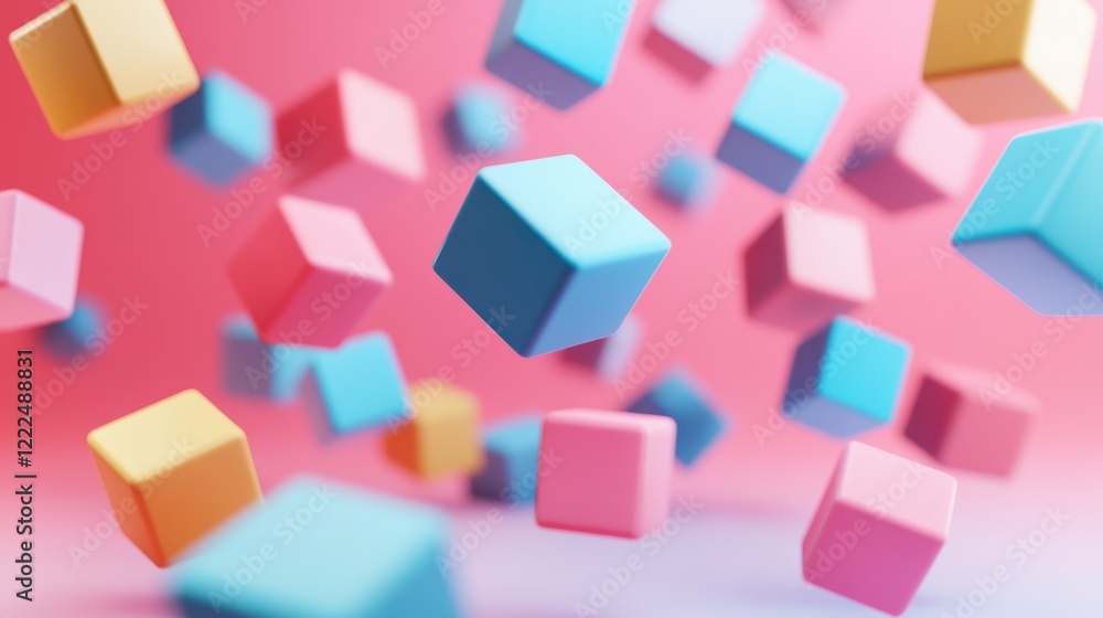 Poster abstract 3d rendering of falling pastel cubes on a pink background