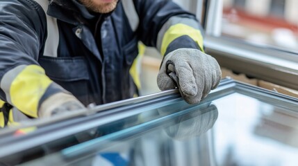 A close-up of a glazier in safety gear carefully fitting a large pane of glass into a window frame, Glass installation scene, Precise and delicate style